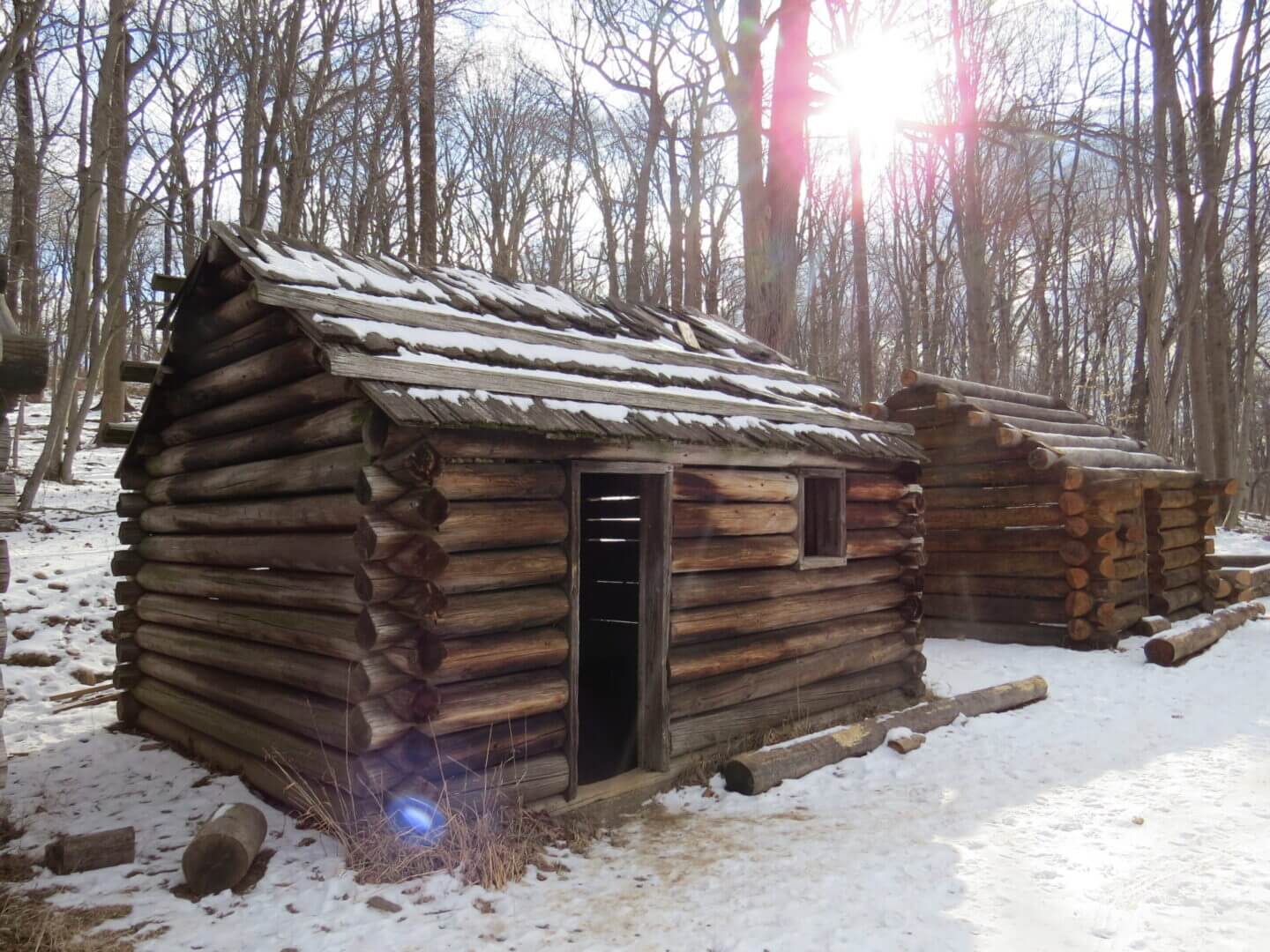 Log cabins in snowy forest with sunlight.
